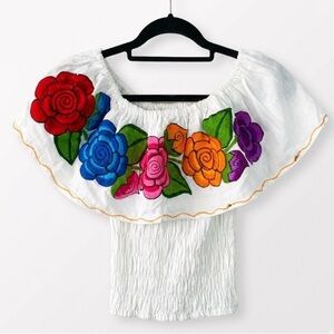 Mexican Floral Embroidered Off Shoulder Crop Top Smocked Ruffle Boho Fiesta